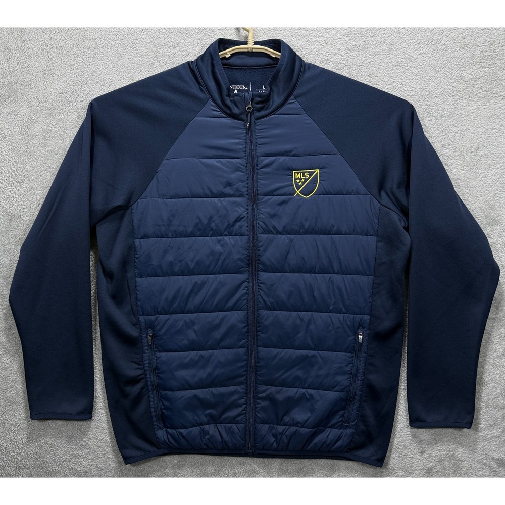 Antigua Mens Altitude Quilted Jacket Large Blue MLS Soccer Full Zip Stretch